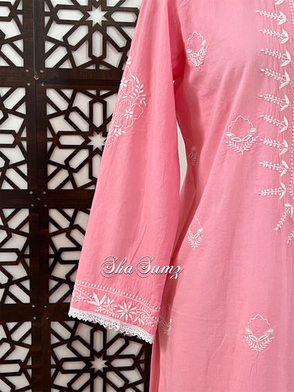 Rouge Pink Cotton Kurti with Chikankari