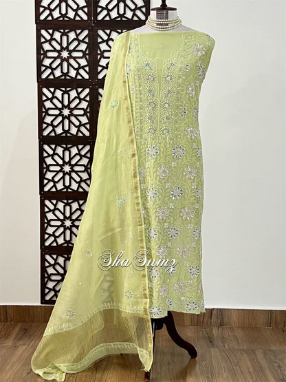 Sage Green Chanderi Suit with Chikankari & Embellishments