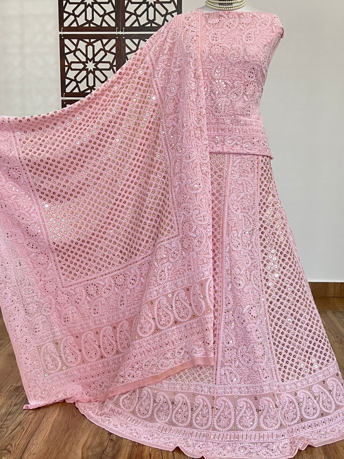 Pink Chikankari & Mukaish Lehenga Set