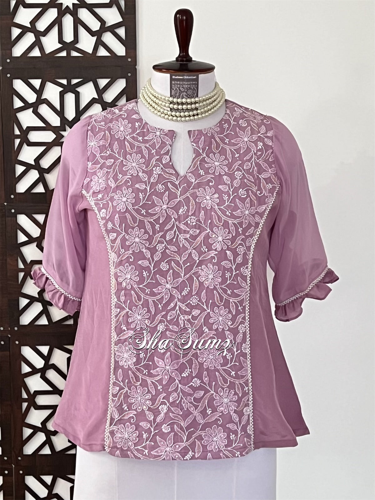 Mauve Chikankari & Embellishments Pure Georgette Shirt