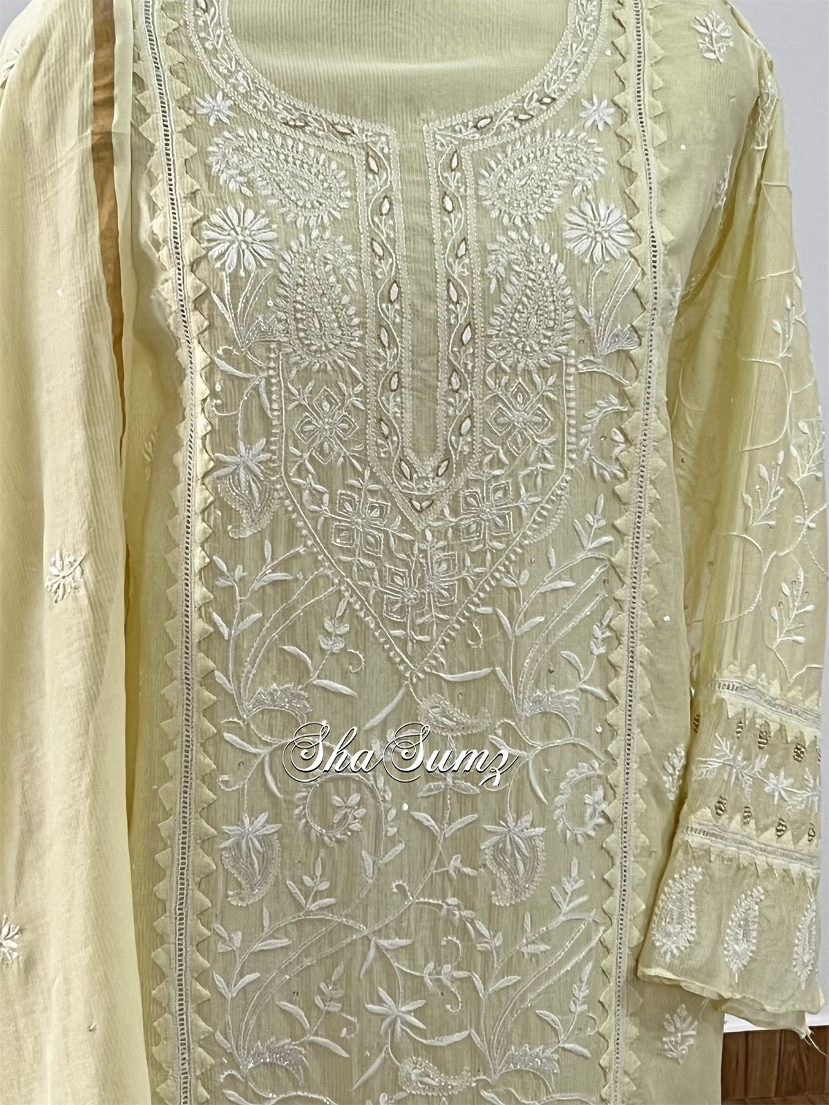 Ivory Chikankari Applique Chanderi Embellished Suit