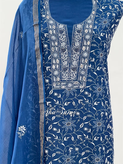 Peacock Blue Chikankari & Mukaish Mul Chanderi Suit