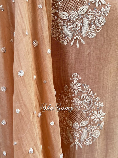 Hazelnut Mul Chanderi Suit with Chikankari & Embellishments