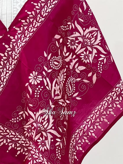 Magenta Pure Silk Stole with Kantha Work