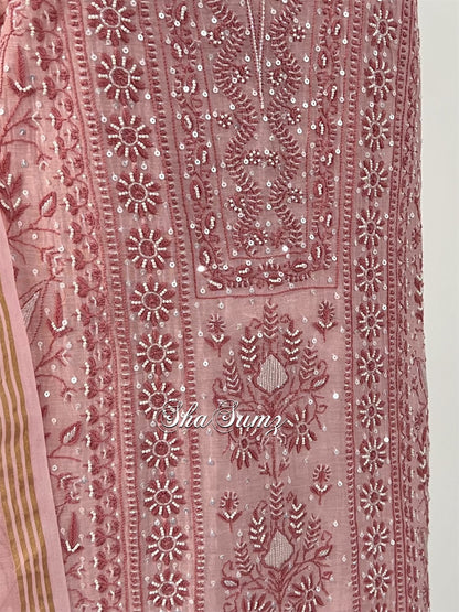 Dusty Rose Pink Mul Chanderi Suit with Chikankari & EmBellishments