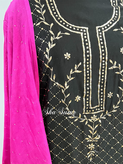 Black & Fuchsia Mukaish Chanderi Silk Suit