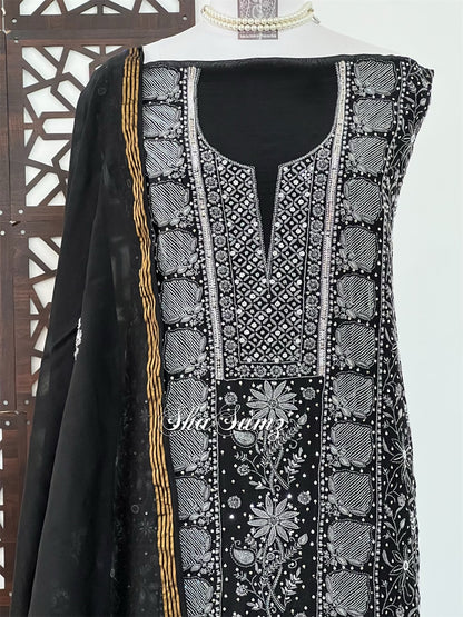 Black Mul Chanderi Suit with Grey Chikankari & Embellishments