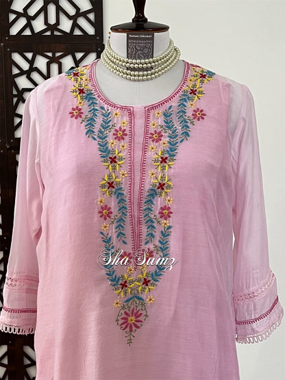 Baby Pink Cotton Kurti with Multi colour Chikankari