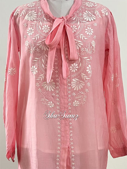 Pastel Pink Mul Chanderi Chikankari Shirt