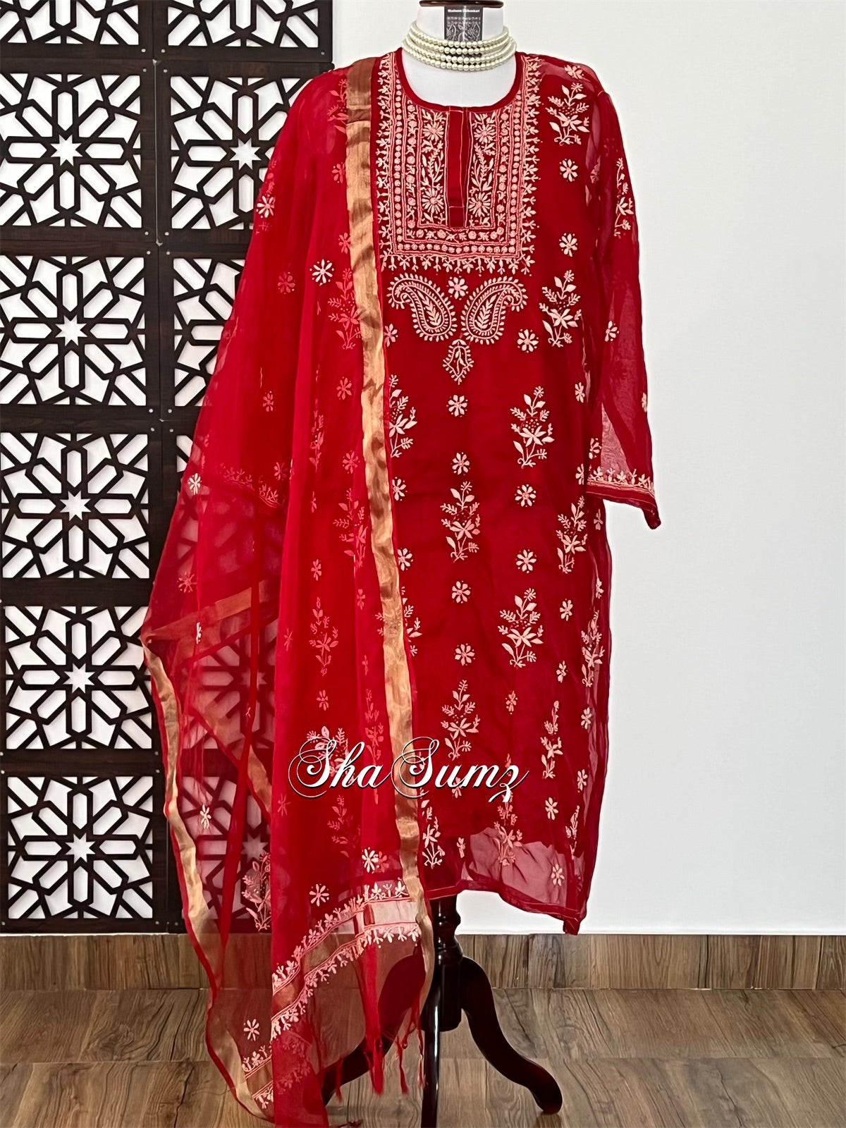 Crimson Red Organza Suit with Ivory Chikankari & Mukaish