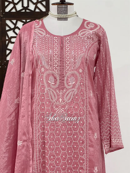 Onion Pink Tissue Chanderi Suit with Chikankari & Pearls