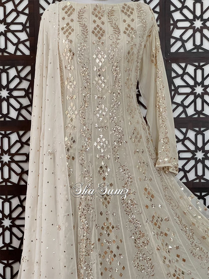 Gold Ivory Anarkali with Badla Mukaish