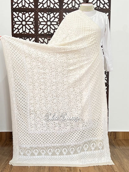 White Pure Georgette Dupatta with Chikankari