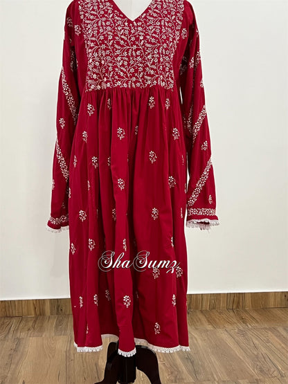 Scarlet Red Cotton Chikankari Kalidar Kurti