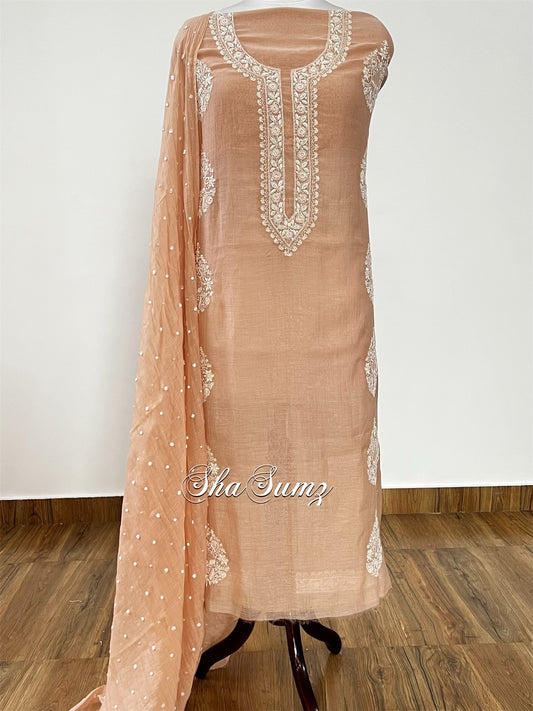 Hazelnut Mul Chanderi Suit with Chikankari & Embellishments