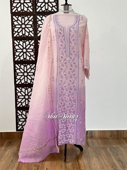 Ombré Pink & Purple Mul Chanderi Suit with Chikankari & Embellishments