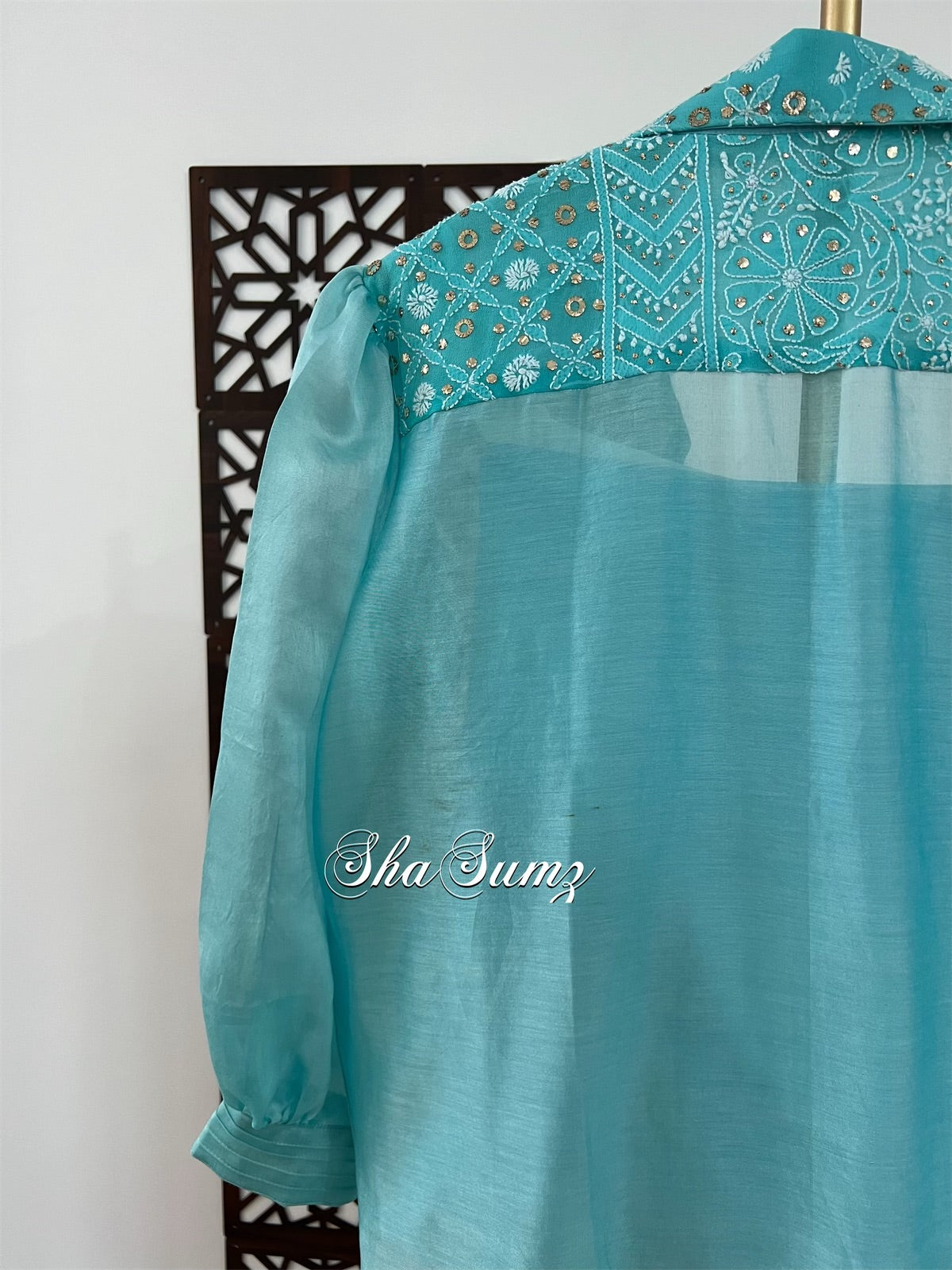 Aqua Blue Chanderi Shirt with Chikankari & Mukaish