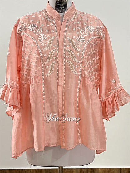 Pastel Peach Chanderi Chikankari Shirt