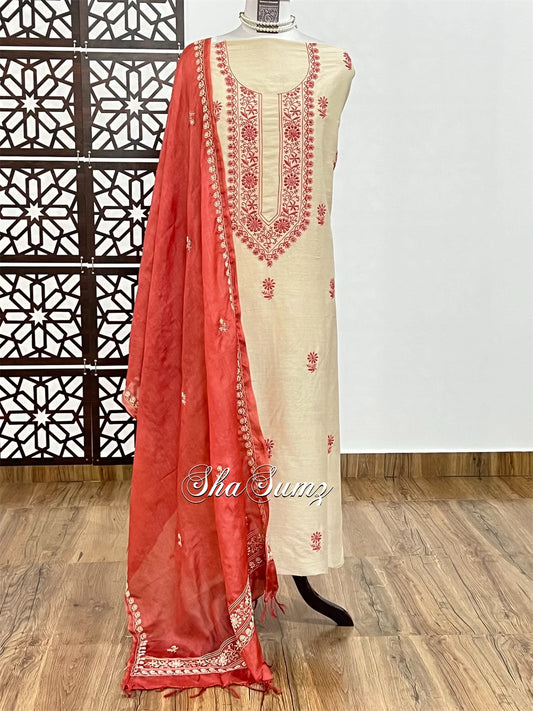 Beige & Rust Muga Silk Chikankari Suit