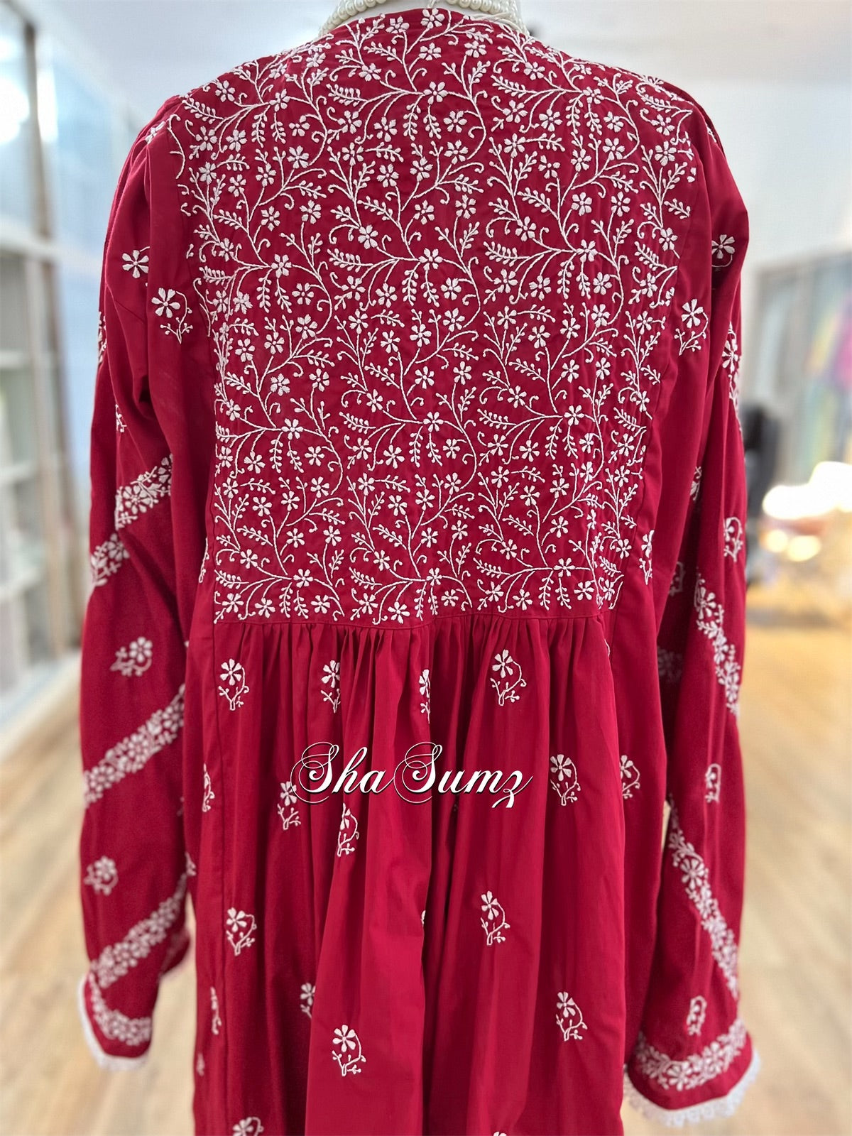 Scarlet Red Cotton Chikankari Kalidar Kurti