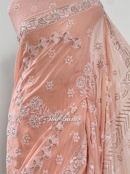 Dreamy Pastel Peach Chikankari & Embellishments Saree