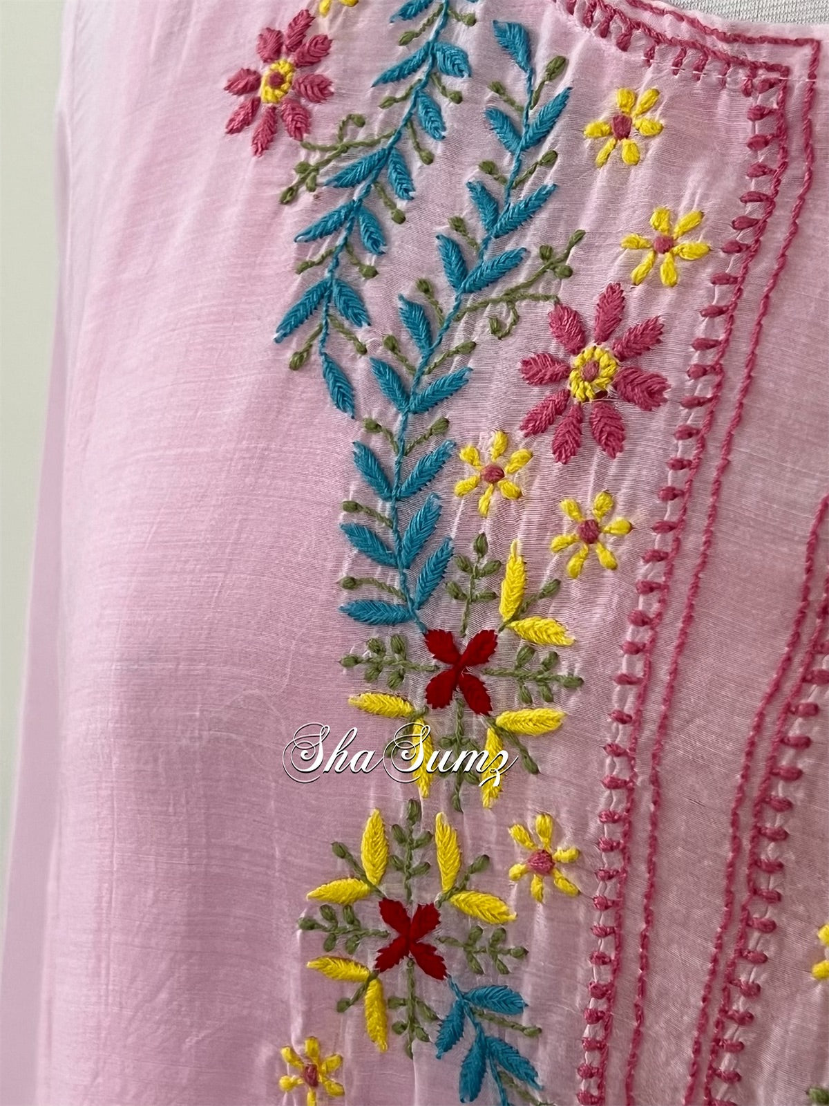 Baby Pink Cotton Kurti with Multi colour Chikankari