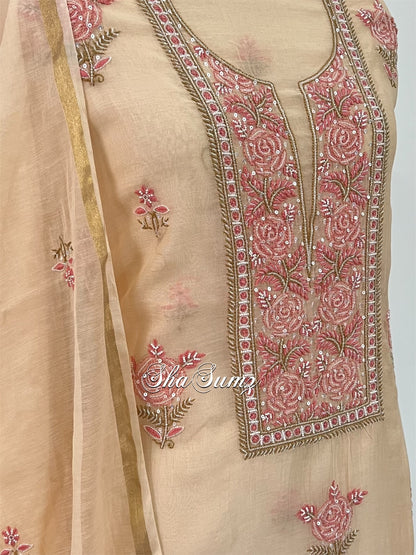 Beige Mul Chanderi Suit with Chikankari & Embellishments