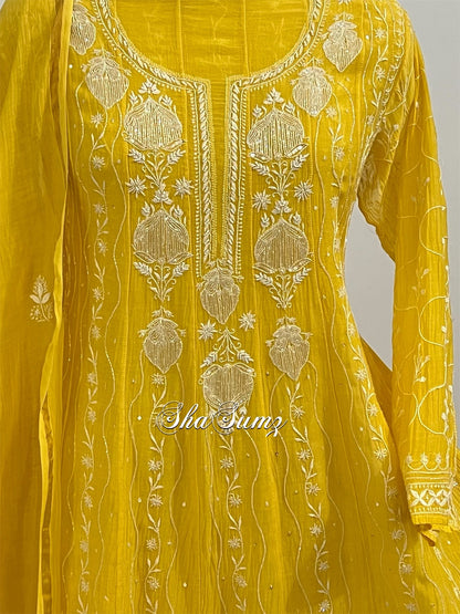 Mango Yellow Anarkali with Chikankari and Embellishments