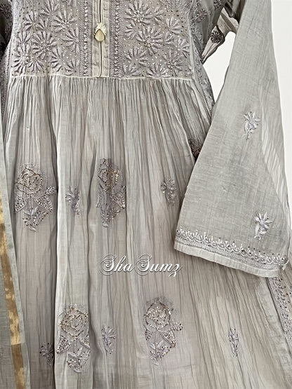 Dove Grey Mul Chanderi Anarkali with Chikankari & Mukaish