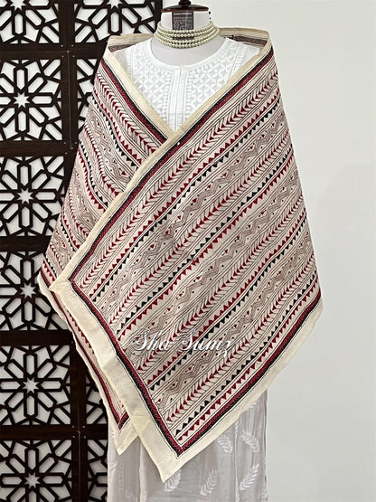 Beige Tussar Silk Kantha Stole