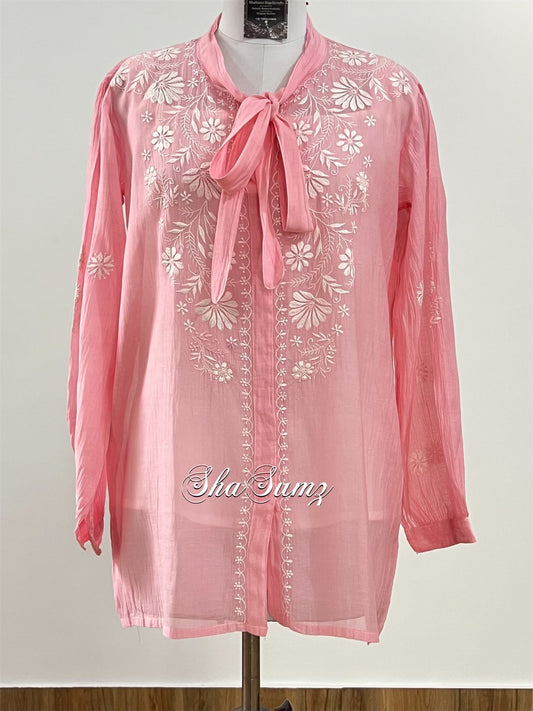 Pastel Pink Mul Chanderi Chikankari Shirt