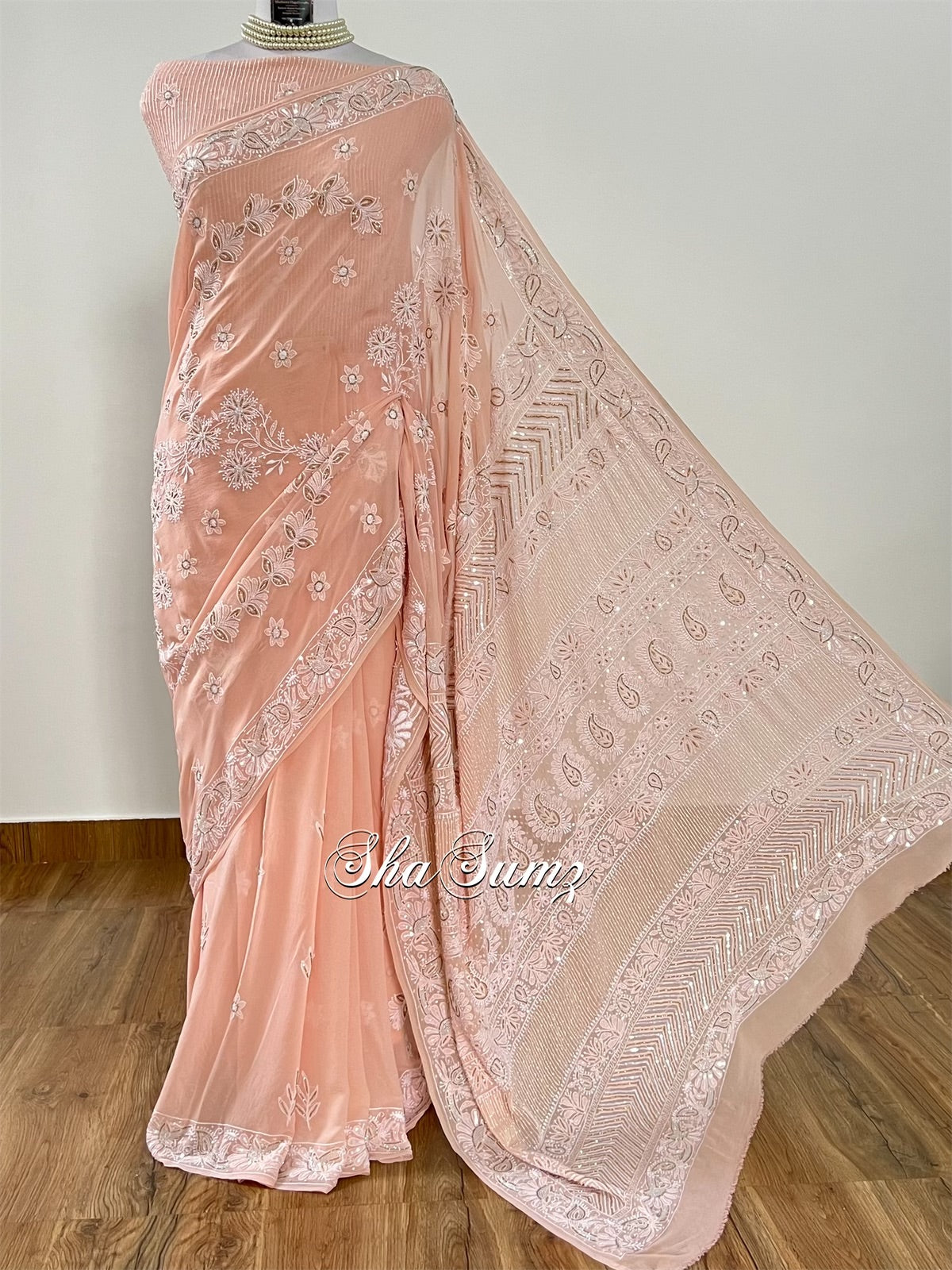 Dreamy Pastel Peach Chikankari & Embellishments Saree