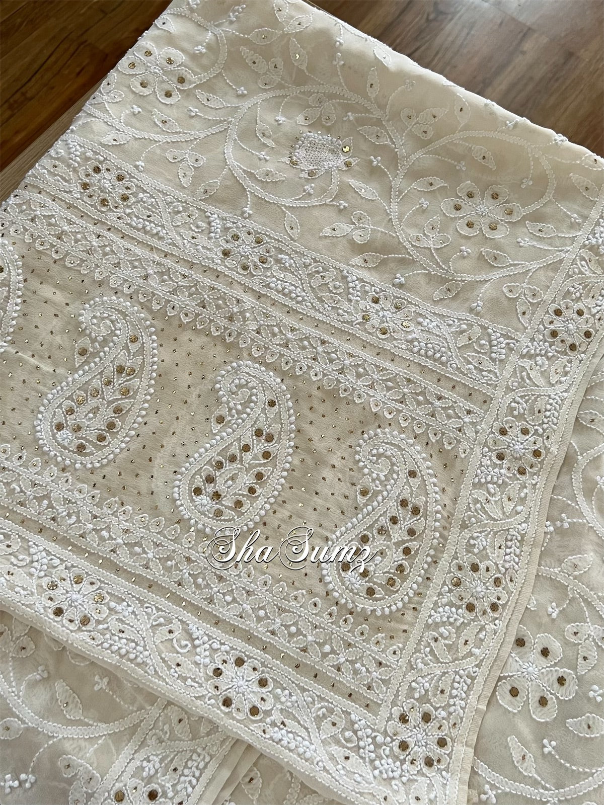 Cream Pure Georgette Chikankari & Kamdani Dupatta