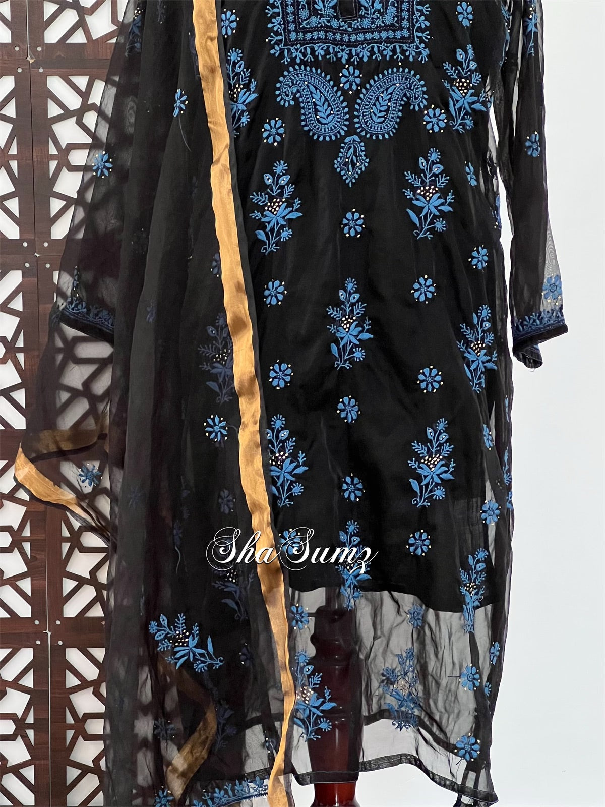 Black Organza Suit with Blue Chikankari & Mukaish