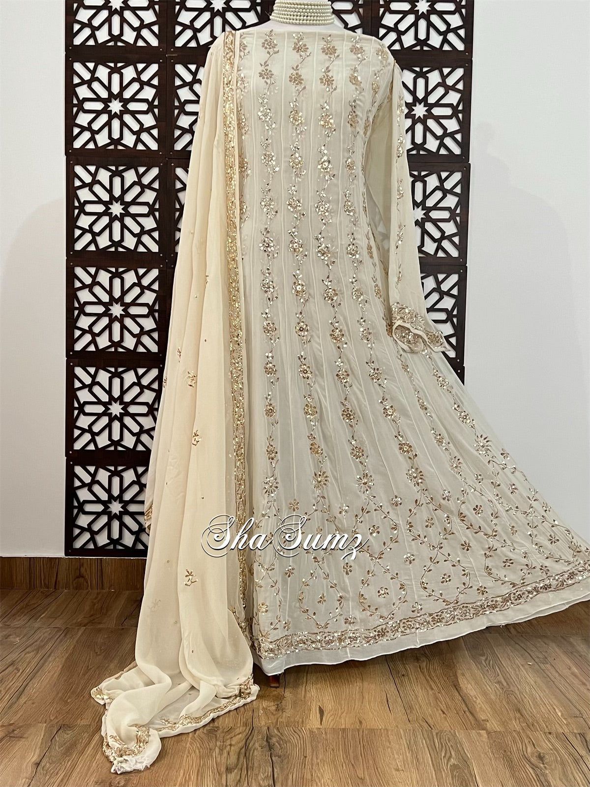 Ivory Pure Georgette Anarkali with Mukaish & Badla