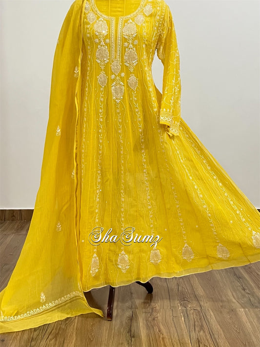 Mango Yellow Anarkali with Chikankari and Embellishments