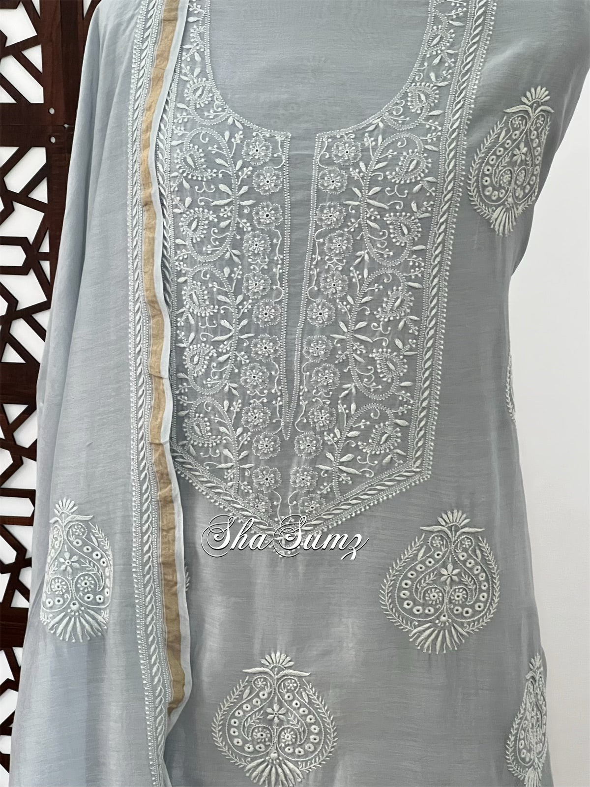 Grey Pure Chanderi Silk Suit with 2 Taar Chikankari