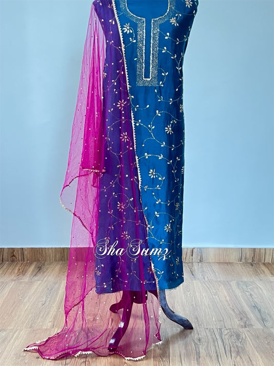 Peacock Blue Badla Mukaish Chanderi Suit