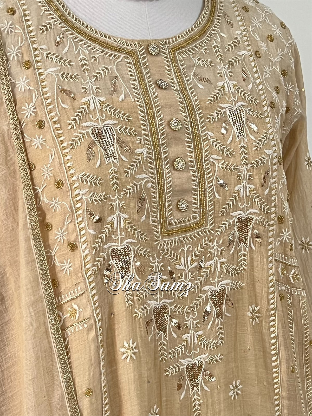 Pure Tissue Chanderi Anarkali with Chikankari & Mukaish Haath Jaali.