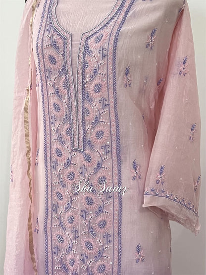 Ombré Pink & Purple Mul Chanderi Suit with Chikankari & Embellishments