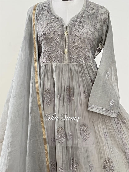 Dove Grey Mul Chanderi Anarkali with Chikankari & Mukaish