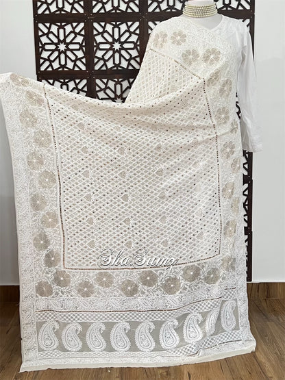 Cream Pure Georgette Dupatta with Chikankari & Mukaish