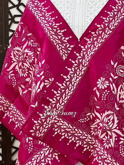 Magenta Pure Silk Stole with Kantha Work