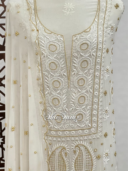 Pearl White Pure Georgette Suit with Chikankari & Embellishments