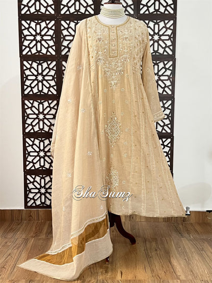 Pure Tissue Chanderi Anarkali with Chikankari & Mukaish Haath Jaali.