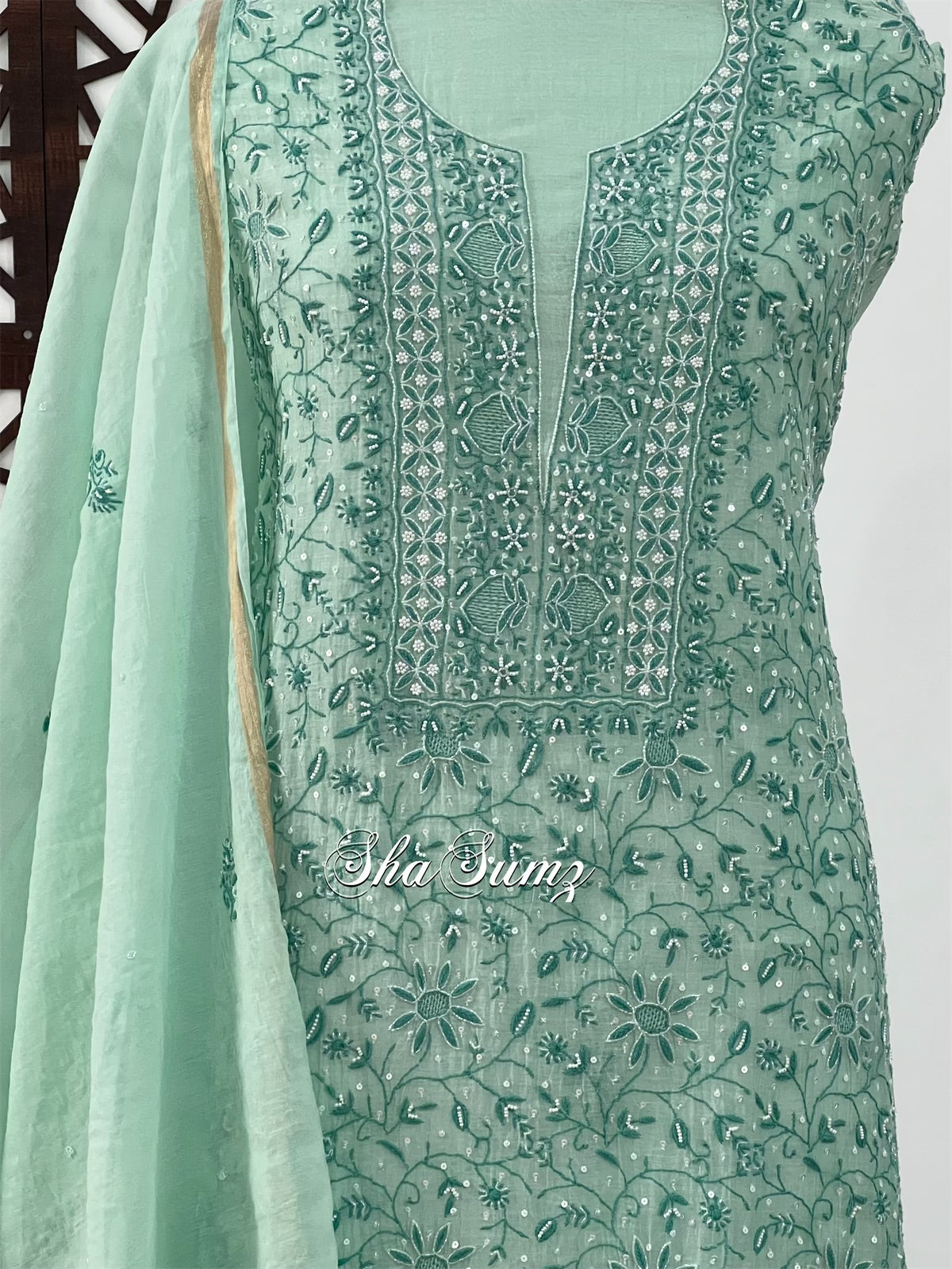 Sea green Mul Chanderi Chikaankari Suit