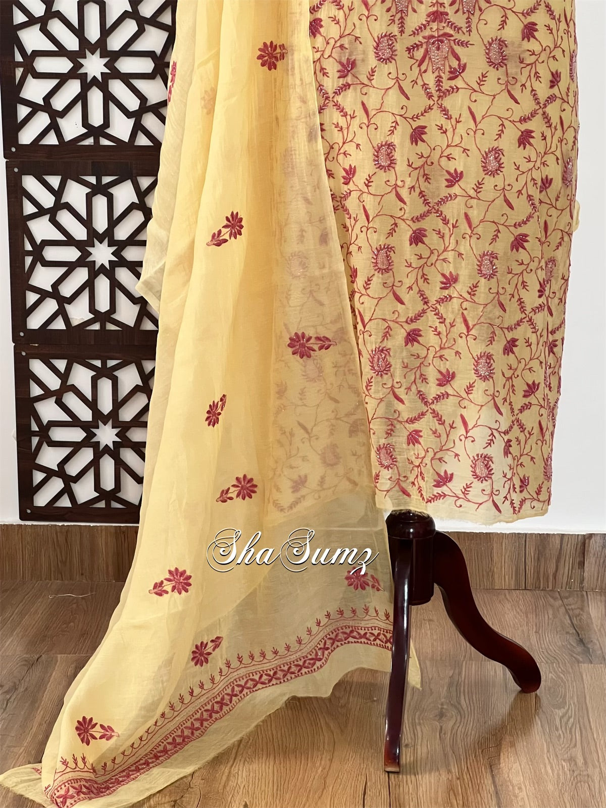 Light Mango Yellow Suit with Red Chikankari