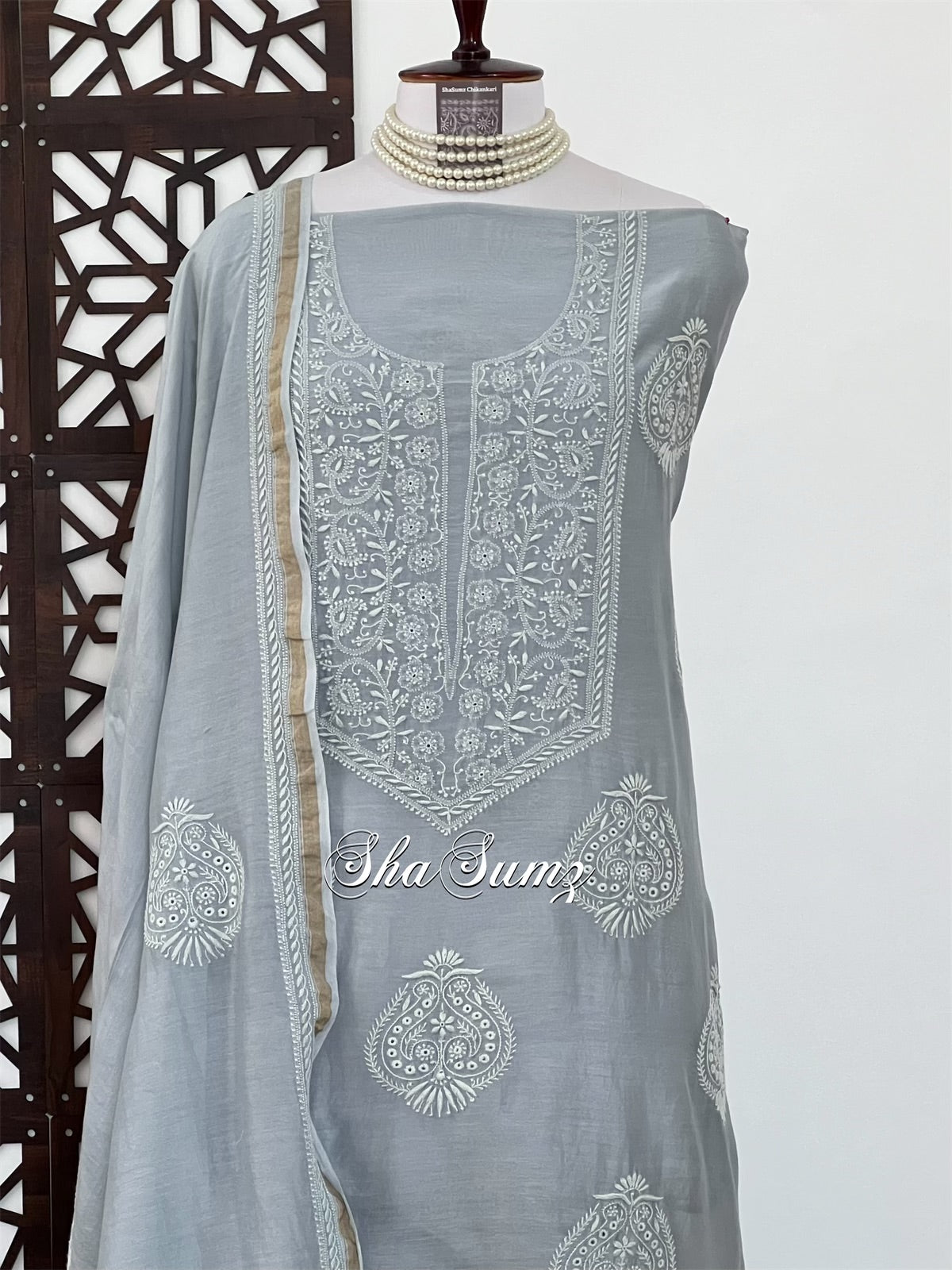 Grey Pure Chanderi Silk Suit with 2 Taar Chikankari