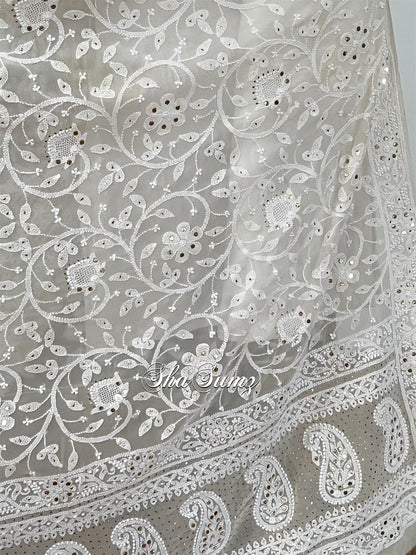 Cream Pure Georgette Chikankari & Kamdani Dupatta