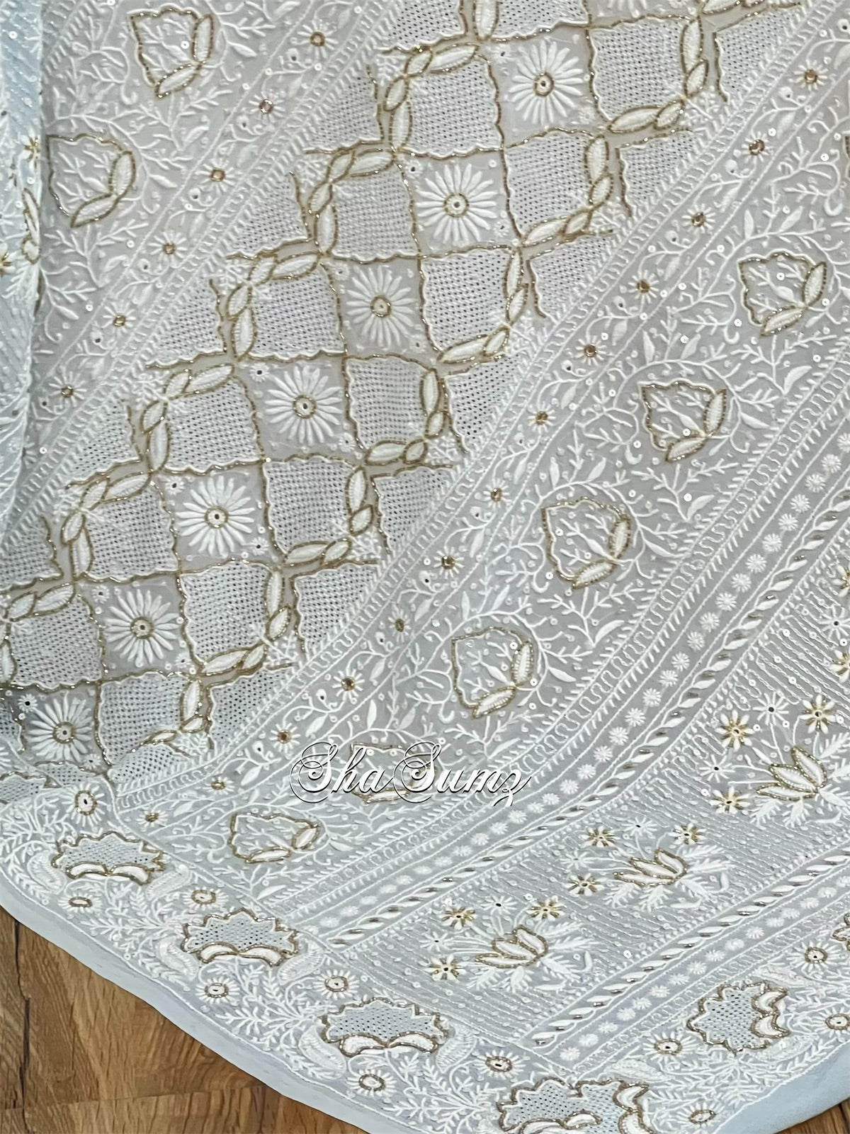 Powder Blue Saree with Chikankari & Embellishments